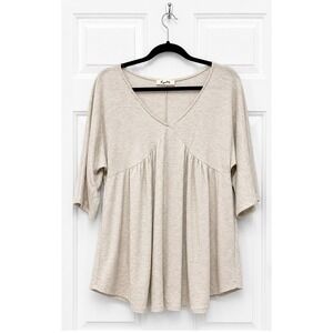 KyeMi Women Oatmeal Heather Babydoll Tunic Top V-Neck 3/4 Sleeve Small 13661
